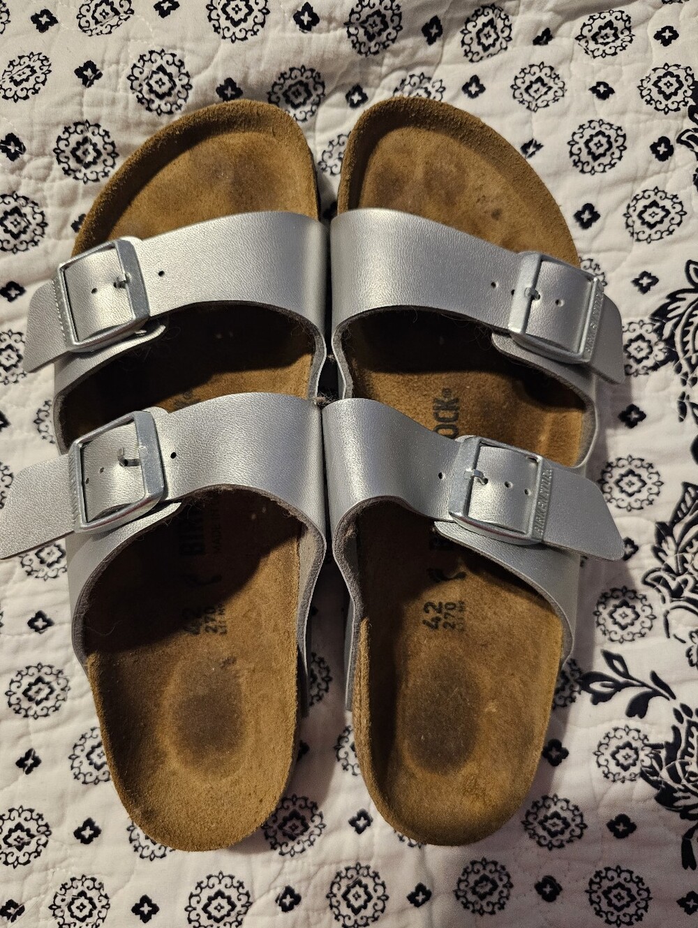 Birkenstock Silver Two-Strap Sandals with Buckles 42